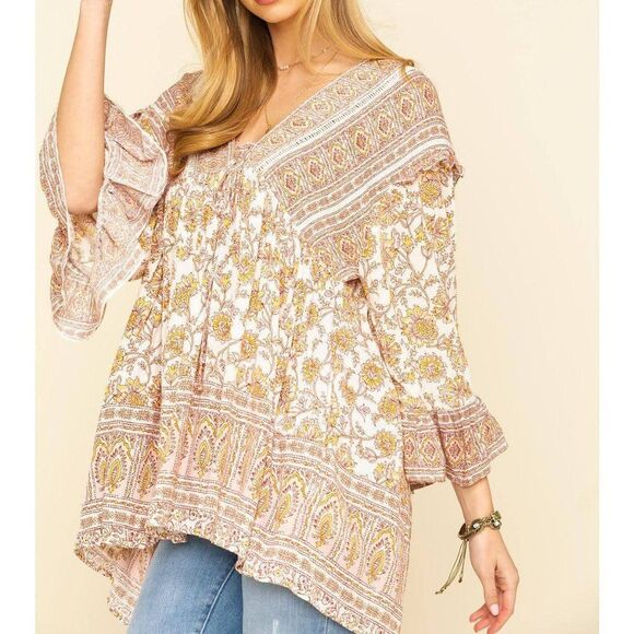 Free People Moonlight Dance Women's Printed Boho Tunic Top Ivory Combo Floral M - Picture 11 of 11